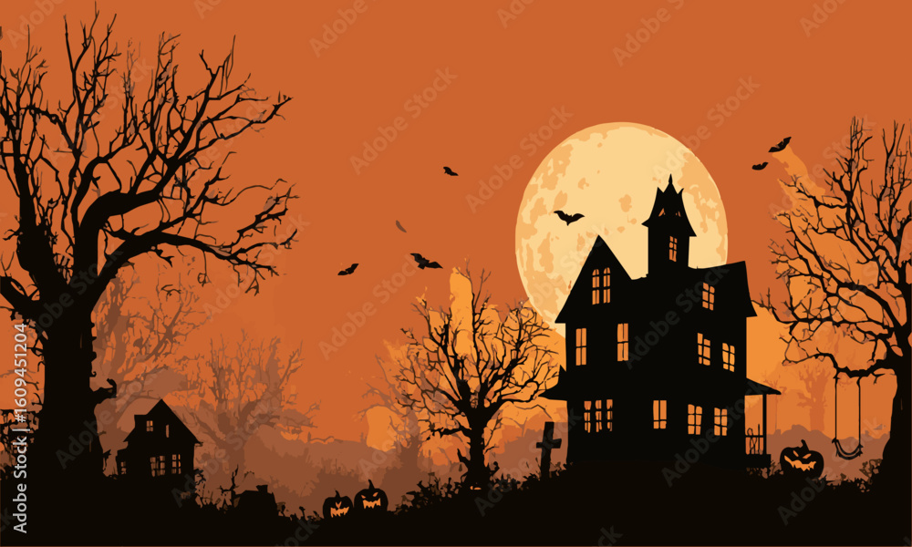 Modern vector illustration of a Happy Halloween scene with haunted houses, haunted houses, pumpkins, bats, and empty trees, easily editable. Modern vector illustration of a Happy Halloween scene with haunted houses, haunted houses, pumpkins, bats, and empty trees, easily editable.