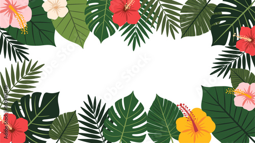 Exotic hibiscus flowers and tropical leaves frame for vibrant invitations and summer designs, adding a touch of paradise and natural beauty to any project