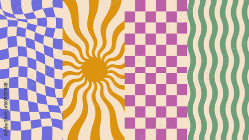 Groovy retro vibes with sunshine rays, checkered patterns, and wavy lines creating a fun vintage aesthetic for your next creative design project
