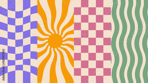 Retro groovy vibes with checkerboard sunshine and wavy lines for vibrant designs, modern posters, and nostalgic branding evoking peace and happiness