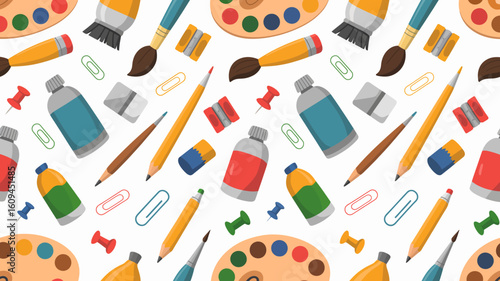 Vibrant art supplies pattern to spark creativity and artistic inspiration, perfect for creative projects or design backgrounds, capturing the joy of making art