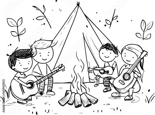 Children Gathered Around Campfire Playing Guitars in a Tent Camping Scene Black and White Illustration