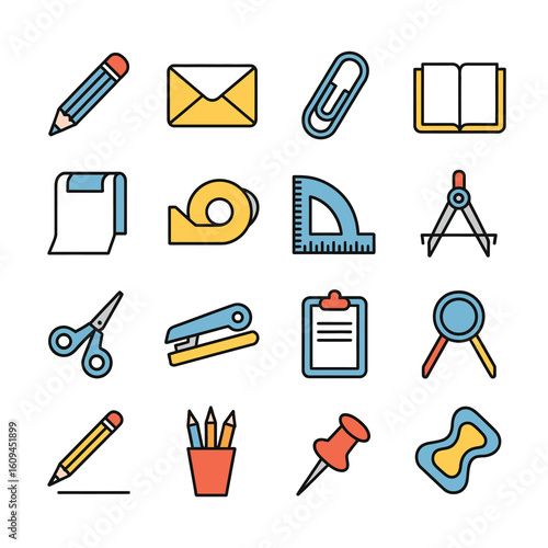 Creative stationery set for office and school projects, featuring pens, paperclip, scissors, and other essential supplies for organization and creativity