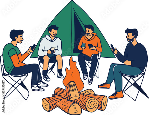 Group of Friends Camping with Tent and Bonfire Using Smartphones for Social Media