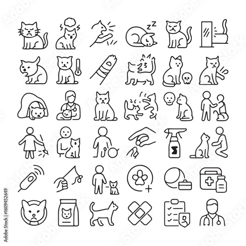  Line  icon illustrating common feline behavioral issues,treatments and consultation scenarios.Cat 