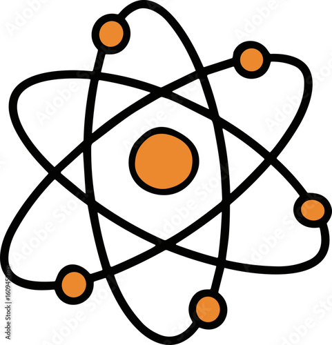 Simple outline of an atom with orange nucleus and electrons  