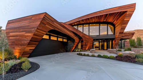 Modern Desert Home with Dramatic Curved Red Wood Siding