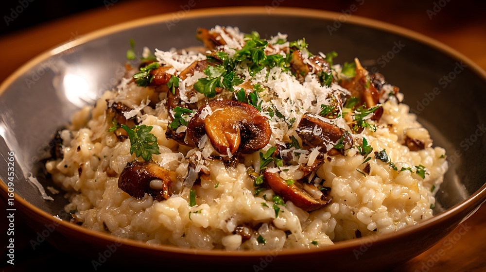 Creamy risotto shines in dark bowl, topped with mushrooms, parmesan, and parsley. Use for food blogs, restaurants, and marketing materials. Creamy risotto shines in dark bowl, topped with mushrooms, parmesan, and parsley. Use for food blogs, restaurants, and marketing materials.