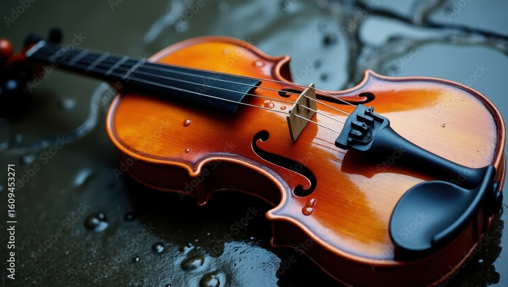 Fototapeta premium Close-up of a polished violin on a wet surface.