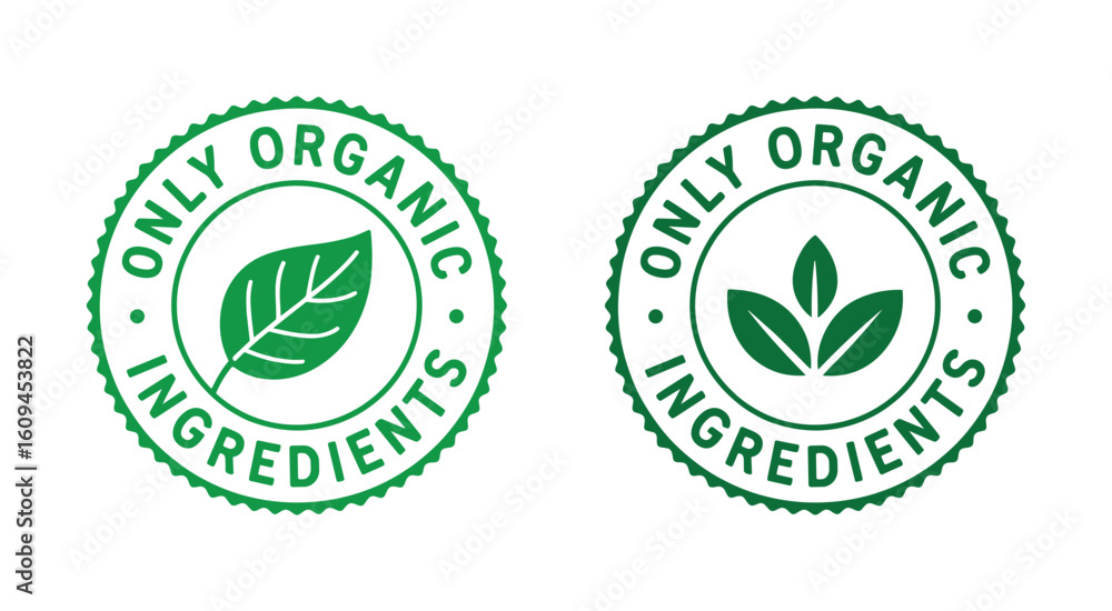 Only Organic Ingredients Certified Labels - Green Leaf Badges for Natural Food and Beverage Products