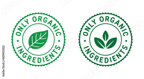 Only Organic Ingredients Certified Labels - Green Leaf Badges for Natural Food and Beverage Products