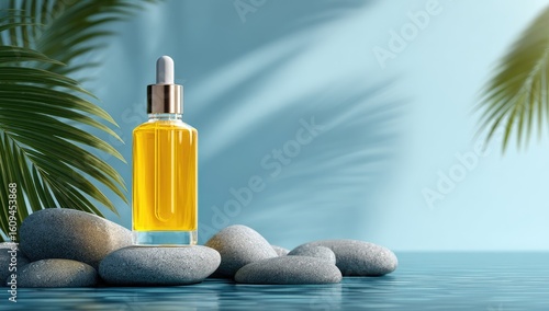 Golden serum bottle on smooth stones by water, tropical leaves