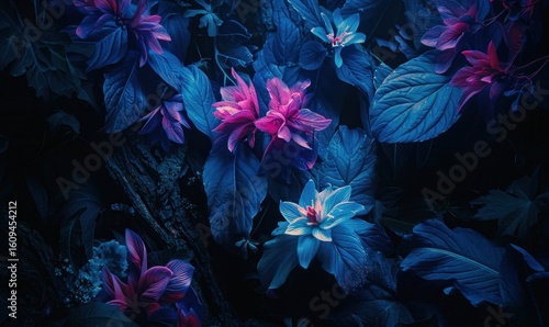 Floral beauty pink and white flowers in dark blue botanical setting