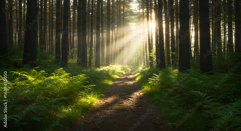 Fototapeta premium Sunlit Path Through Tranquil Forest Scene with Ferns and Towering Trees