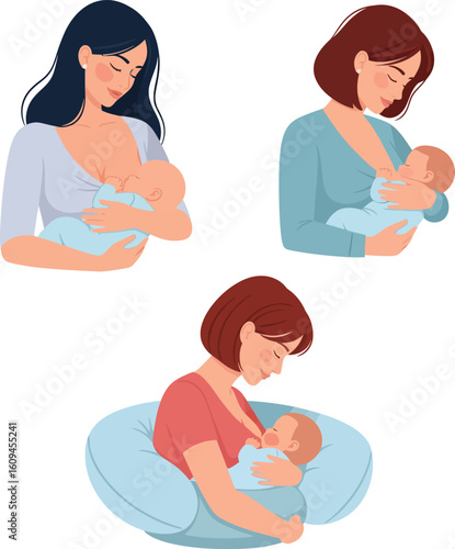 Three mothers breastfeeding their babies, showcasing different nursing positions.
