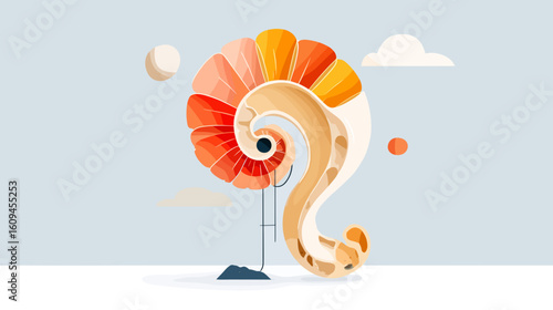 Abstract spiral nautilus shell in vibrant colors on pastel background  