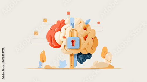 Abstract brain illustration with a padlock symbolizing security  