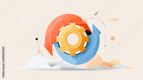 Abstract gear illustration with circular arrows in soft colors  