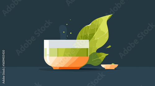 Abstract illustration of a tea cup with leaves on a dark background  