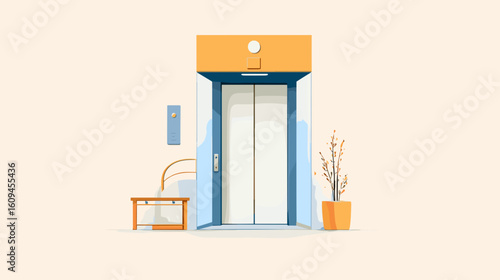 Elevator entrance with modern design and potted plant nearby  