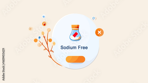 Sodium free label with salt shaker and decorative elements on cream background  