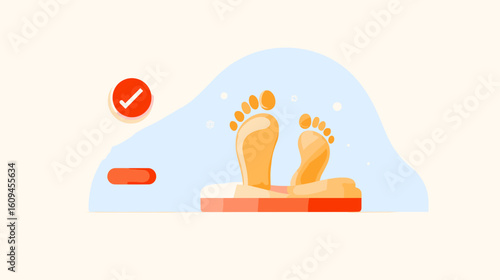 Happy feet on soft mat with checkmark symbol in background  