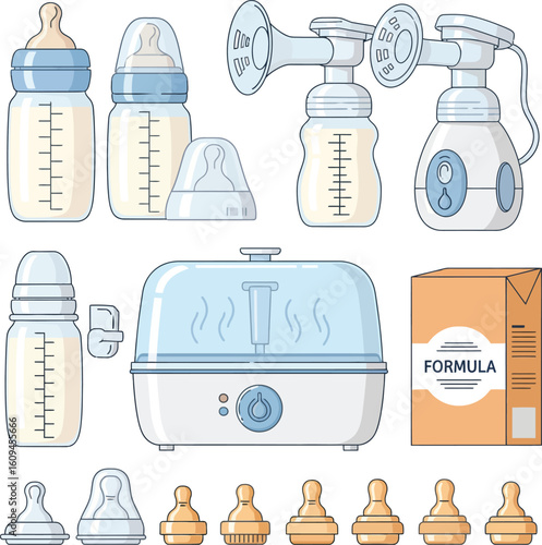 Baby feeding equipment, including bottles, a breast pump, sterilizer, and formula.