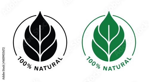 100% Natural Product Label - Green Leaf Icon for Organic and Eco-Friendly Certified Goods