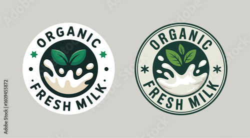 Organic Fresh Milk Product Badges - Natural Dairy Labels with Milk Splash and Green Leaves for Healthy Food Branding