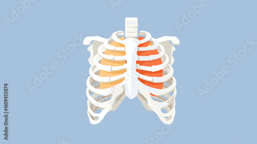 3D illustration of human rib cage anatomy in orange and white  
