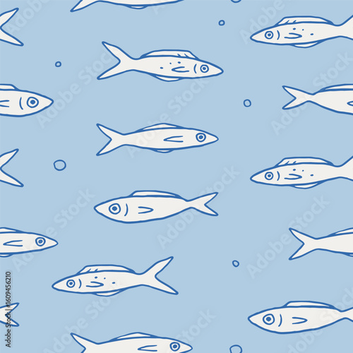 Sardines seamless pattern. Hand drawn sardine fish under water in navi blue color wallpaper. Nautical pattern. Mackerel, tuna, anchovies fish. Cute sea theme background illustration design, vector 