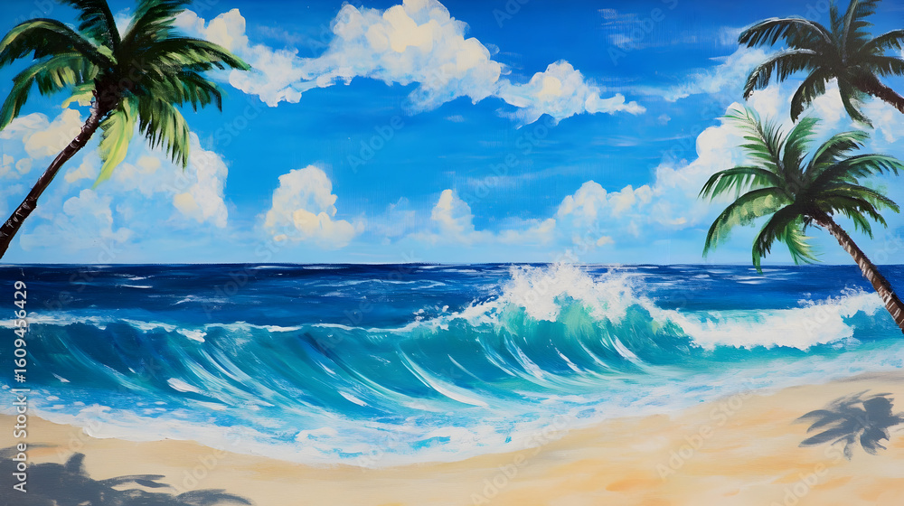Naklejka premium Mural features rolling waves and palm trees on a sunny beach with beautiful clouds