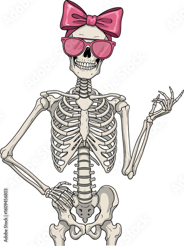 Trendy Female Skeleton with Pink Bow and Sunglasses – Stylish Funny Halloween Character Illustration