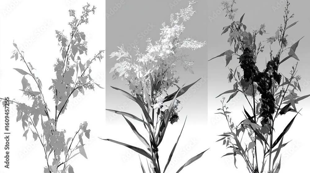 Obraz premium Botanical Composition in Black and White Triptych