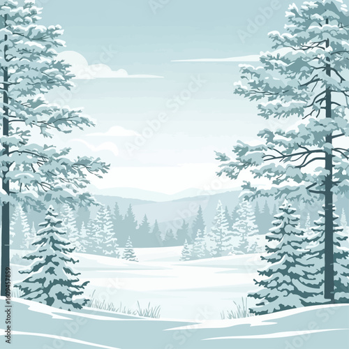 Winter landscape illustration of snow-covered forest and trees.