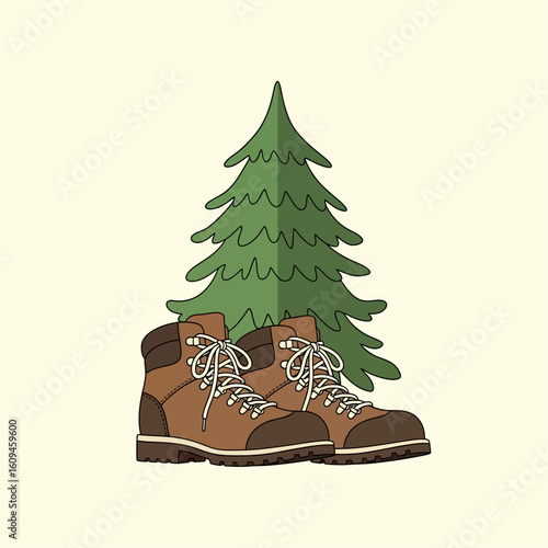 Hiking boots sit in front of a green evergreen tree, suggesting outdoor adventure.