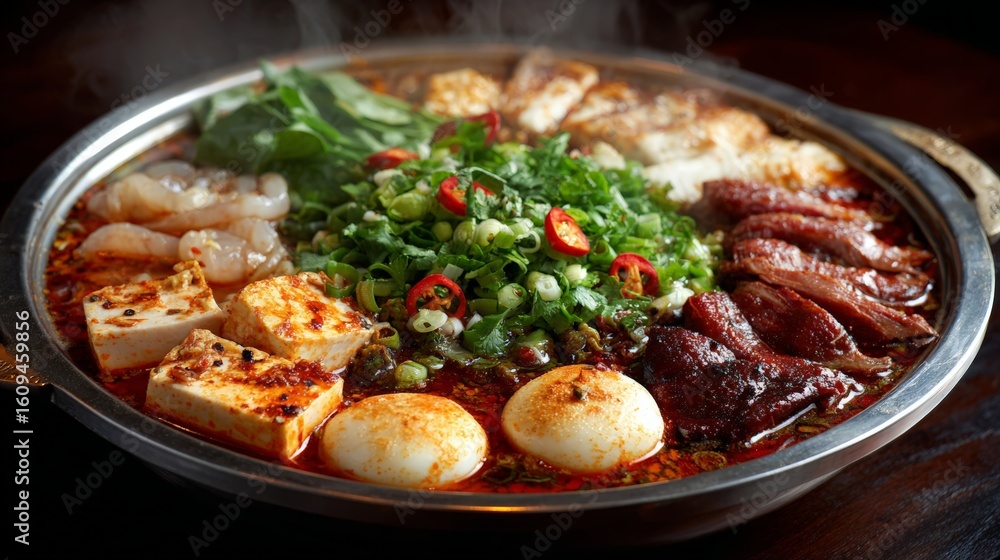 Fototapeta premium Delicious hot pot feast with vegetables, seafood, and meat garnished with fresh herbs.