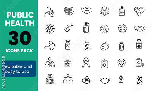 Thin Line Icons for Public Health Awareness and Medical Safety