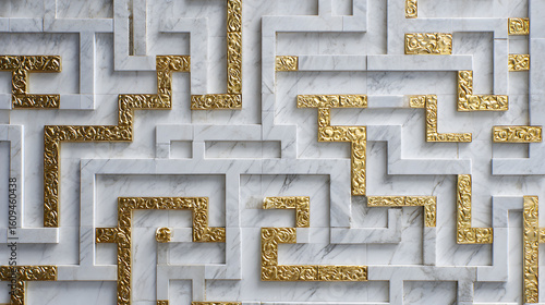 Intricate golden pattern inlaid on white marble, modern luxury wall design