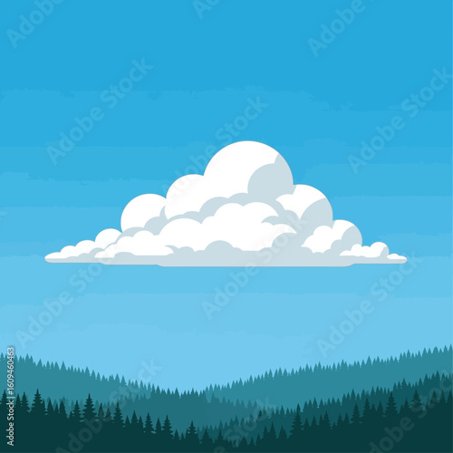 Simple illustration of a large cumulus cloud over a dark forest landscape.