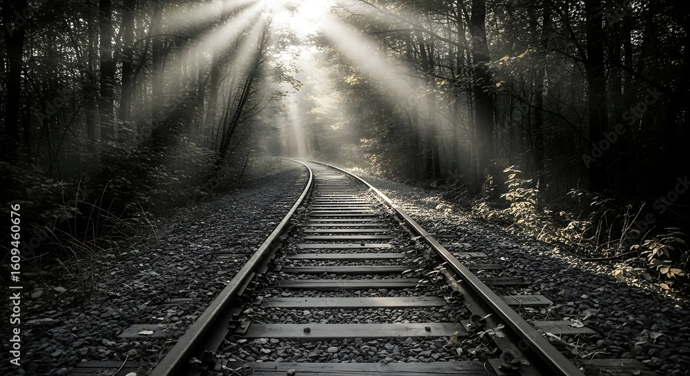 Naklejka premium Ethereal journey through the woods: Railway tracks illuminated by sunlight rays