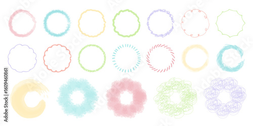 手描き線の円フレーム　カラフル　パステルカラー