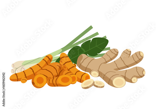 Ginger turmeric root lemongrass and green leaves arranged together