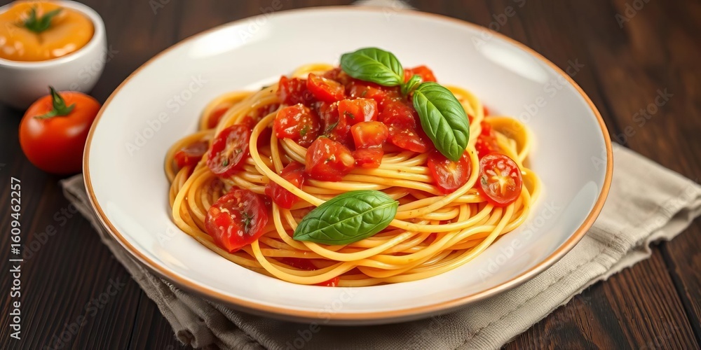 Classic spaghetti with vibrant tomato sauce and fresh basil garnish, tomato sauce, plate Classic spaghetti with vibrant tomato sauce and fresh basil garnish, tomato sauce, plate