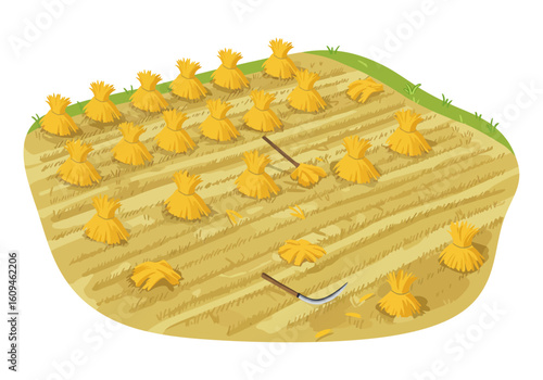 Harvested field with haystacks scythe and scattered straw