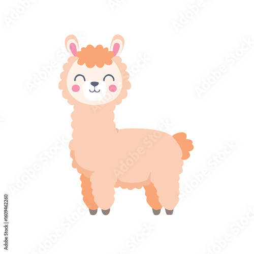 A cute llama smiling happily on a plain background
