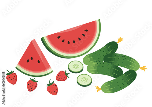 Two watermelon slices three cucumbers two cucumber slices and four strawberries are on display