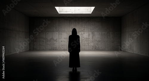 Wallpaper Mural Solitary silhouette of a person in a dark concrete room, a concept of isolation illuminated by a single beam of light from above. Torontodigital.ca