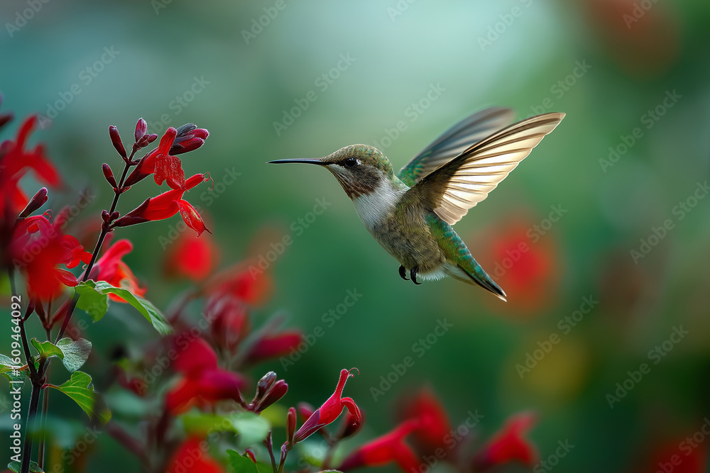 Fototapeta premium Tiny hummingbird hovering near red flower