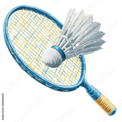 badminton racket with shuttlecock in playful vector art style, isolated on white, upscale 4K resolution